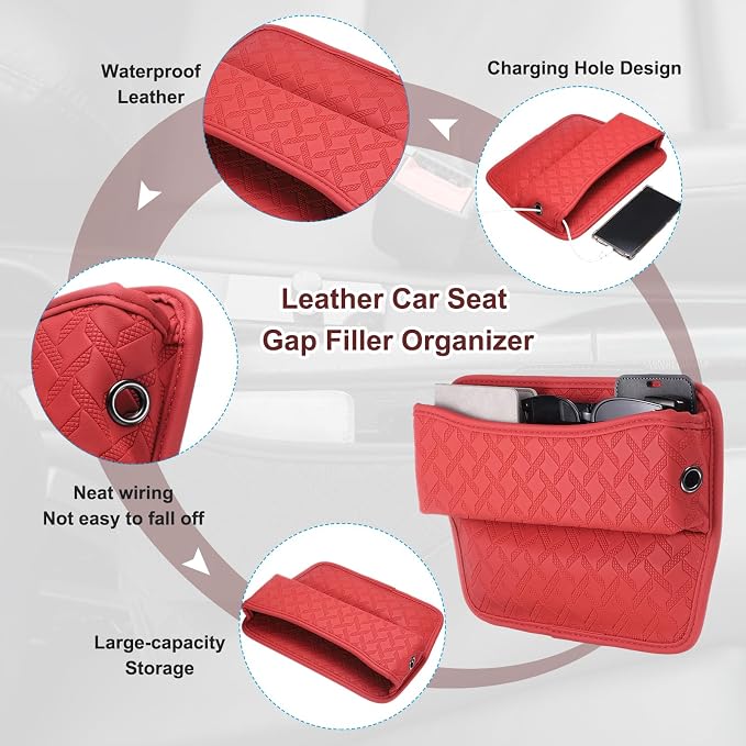 2pcs Car Seat Gap Filler Organizer 11.5 x 8 x 2.1 Inch Leather Universal Car Organizer Storage Box Between Seat and Console for Phone Sunglasses Keys, Red