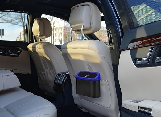 2 Pack Mini Car Trash Can with Lid, Small Car Garbage Can, Cute Leakproof ABS Car Trash Bin, Car Accessories for Interior, Garbage Bin for Car, Home, Office with 120pcs Trash Bags Black/Blue