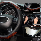 D Shaped Steering Wheel Cover, Luxury Wood Grain with Sporty Perforated Leather, Flat Bottom Steering Wheel Protector, Universal 14.5-15 Inch, Anti-Slip Comfort Grip, Black