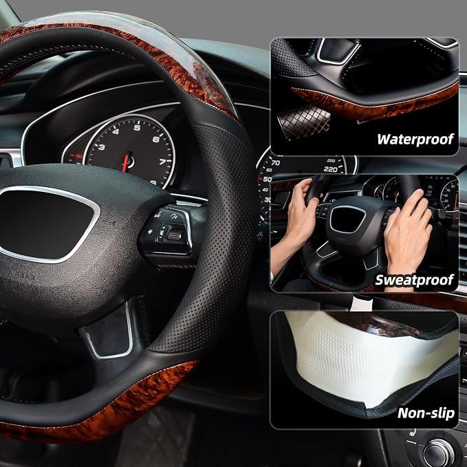 D Shaped Steering Wheel Cover, Luxury Wood Grain with Sporty Perforated Leather, Flat Bottom Steering Wheel Protector, Universal 14.5-15 Inch, Anti-Slip Comfort Grip, Black