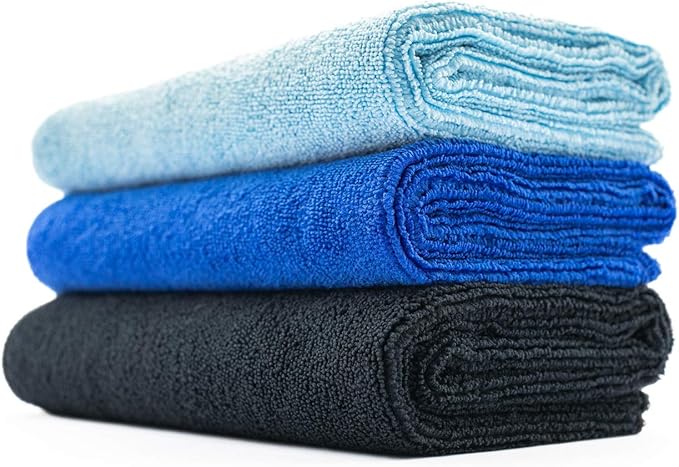 Sport & Workout Towel - Gym, Exercise, Fitness, Spa, Ultra Soft, Super Absorbent, Fast Drying Premium Microfiber, 320gsm, 16in x 27in (3-Pack) (Royal Blue + Light Blue + Black)
