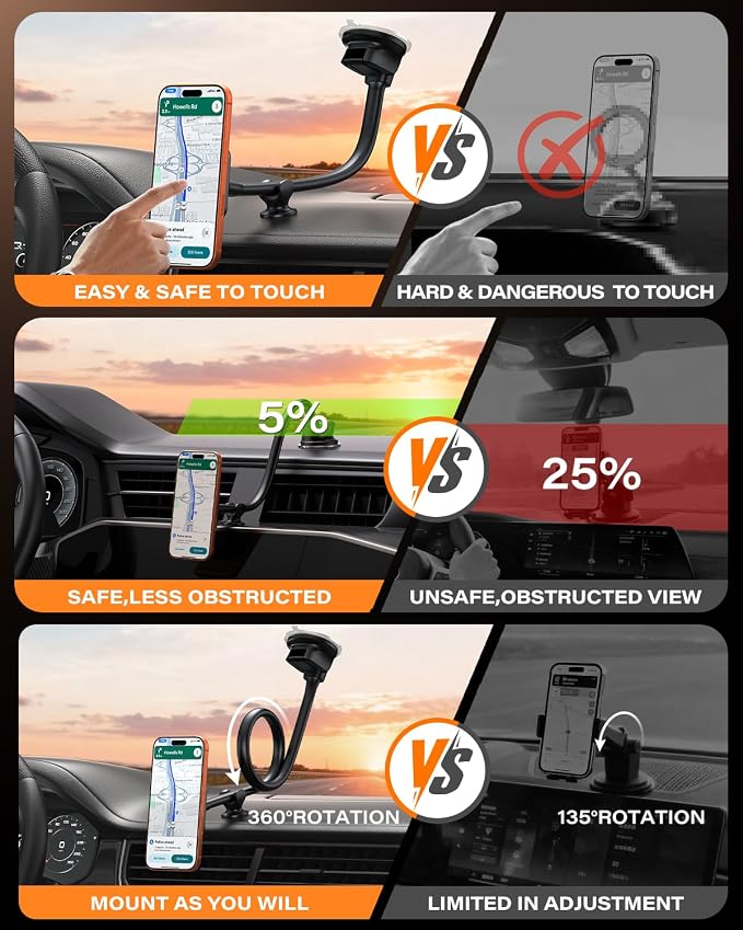 for Magsafe Car Phone Mount 14-Inch Gooseneck Long Arm Extension, Universal Windshield Dashboard Industrial-Strength Suction Cup Car Phone Holder with Strong Magnets (2026 Upgraded for Magsafe)