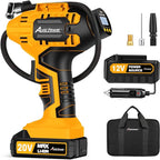 Tire Inflator Portable Air Compressor, 20V Cordless Car Tire Pump with Rechargeable Li-ion Battery, 12V DC Adapter, Digital Pressure Gauge, Battery Powered Tire Inflator (Industrial Yellow)