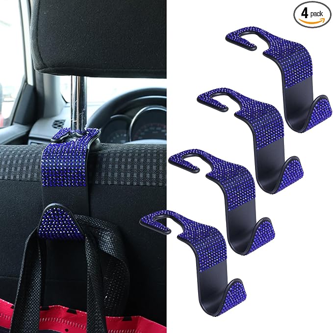 4PCS Bling Car Seat Headrest Hooks, Vehicle Back Seat Purse Handbag Hanging Holder with Crystal Rhinestone, Diamond Storage Organizer Hook,Bling Car Accessories for Women (Blue)