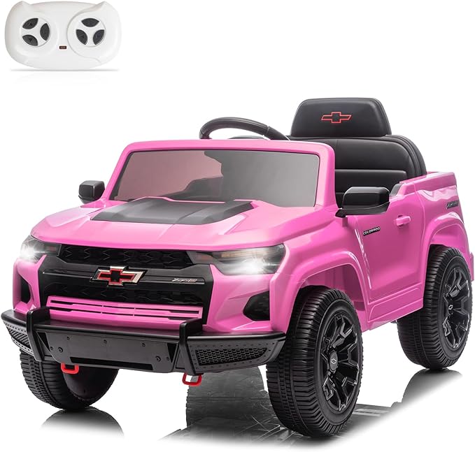 Licensed Chevrolet Colorado Electric Car for Kids, 12V Ride on Toys for Toddlers with Remote Control, Battery Powered Electric Car Ride On Vehicle w/Bluetooth, Soft Start, LED Lights - Pink