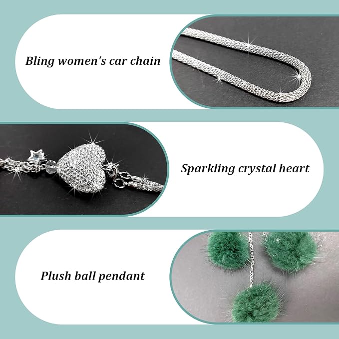 Bling Diamond Heart Car Interior Accessories, Car Mirror Hanging Ornament for Women, Love Heart & Pink Plush Ball Decor Ornament Pendant (Dark Green)