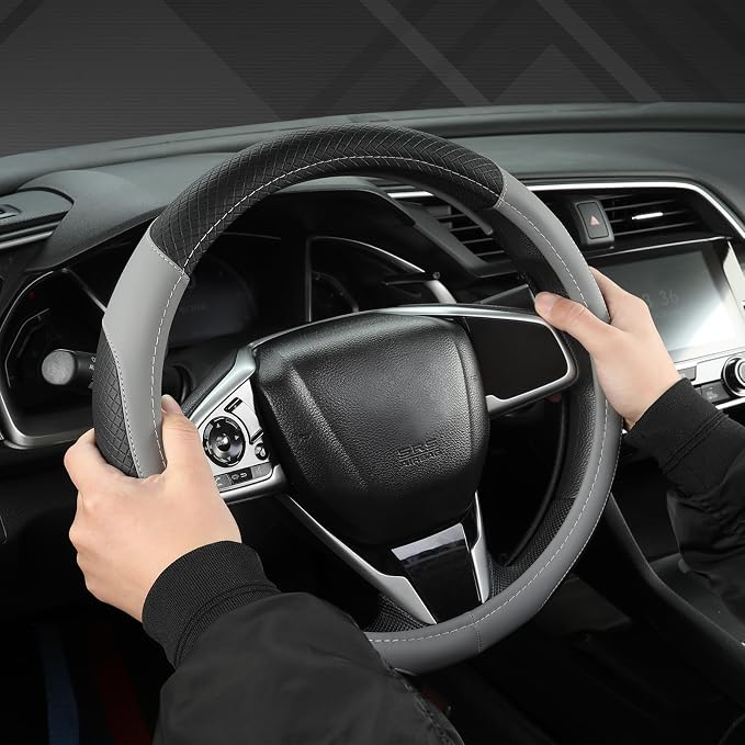 Customized Auto Car Steering Wheel Cover for Honda Accord Civic CR-V HR-V Pilot Fit Passport Odyssey 14.5-15inch(Black+Gray-Standard Size)