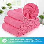 Pink Microfiber Cleaning Cloth, 12 Pack Premium Microfiber Towels for Cars, Lint Free, Scratch-Free, Highly Absorbent, Reusable Cleaning Rags for Car, Household, Kitchen, Window, 11.5"X11.5"
