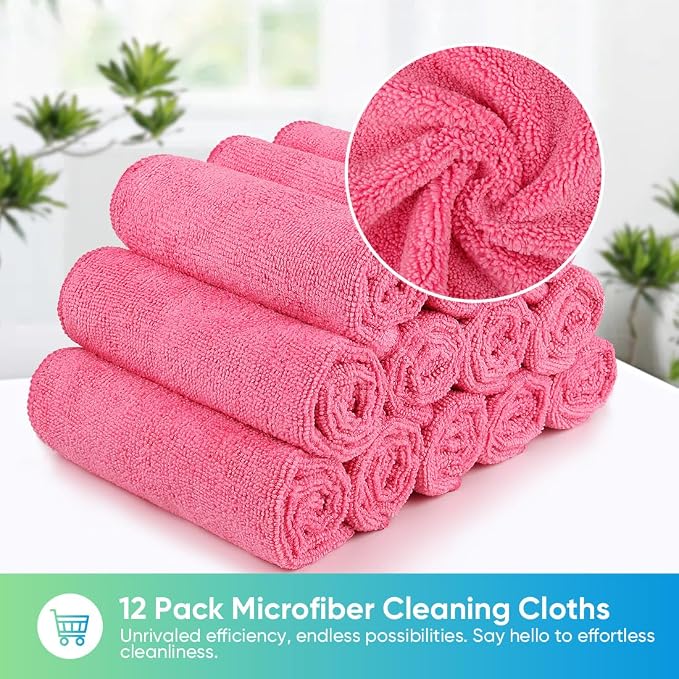 Pink Microfiber Cleaning Cloth, 12 Pack Premium Microfiber Towels for Cars, Lint Free, Scratch-Free, Highly Absorbent, Reusable Cleaning Rags for Car, Household, Kitchen, Window, 11.5"X11.5"