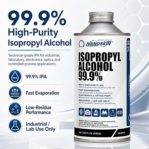 99.9% Isopropyl Alcohol (IPA) – High-Purity Technical Grade Alcohol for Industrial & Laboratory Use, Fast Evaporating, Low-Residue Formula – 13.5 fl oz (400 mL), Single Pack