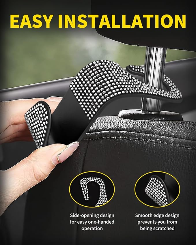 4 Pack Blink Diamond Car Seat Headrest Hooks Crystal Rhinestone Car Purse Holder Universal Interior Accessories for Handbags, Water Bottles, Coats, Umbrellas, White