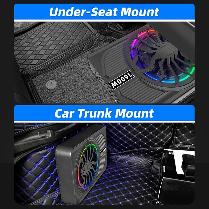 2026 Upgraded 1600W 10" Ultra-Slim Active Under Seat Car Subwoofer Built-in Amplifier & LED Lights | Distortion-Free Bass | Low Pass Filter, Gain & Bass Boost Control