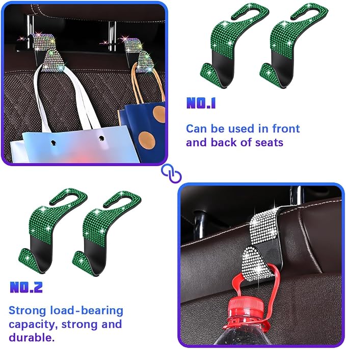 Bling Car Seat Headrest Hooks, 4PCS Crystal Rhinestone Vehicle Back Seat Hanger Holder for Handbags Purses Coats, Automotive Headrest Storage Organizer, Universal for RV SUV Truck (Green)