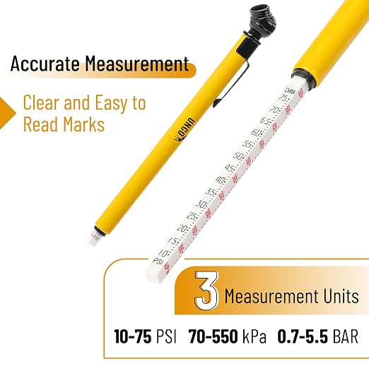 Pencil Tire Pressure Gauge, 2 Pack, 10-75 PSI, Yellow, Stainless Steel Body, Metal Made Nozzle, Rust and Corrosion Resistant, Pencil Air Pressure Gauge for Tires, 3 Measurements for Cars, Bikes