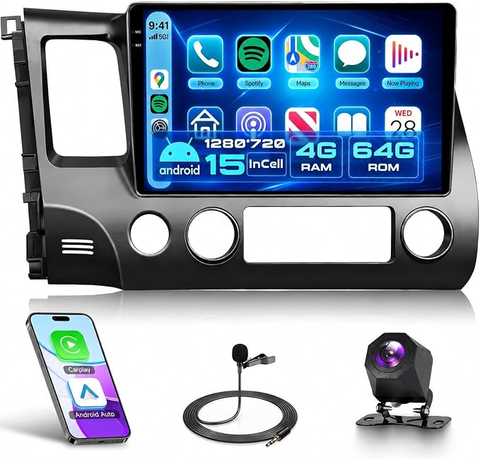 4G 64G Android Car Stereo for Honda Civic 2006 2007 2008 2009 2010 2011, Wireless CarPlay & Android Auto, 5GHz WiFi GPS, Touchscreen, Bluetooth/FM/RDS, EQ, SWC + AHD Backup Camera