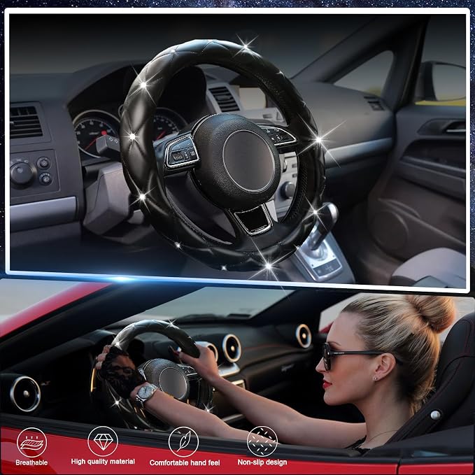 Black Steering Wheel Cover 2026, Auto Cute Girly Diamond Bling Comfort Leather Car Interior Accessories Protector Sparkly Automotive Decoration for Women Men