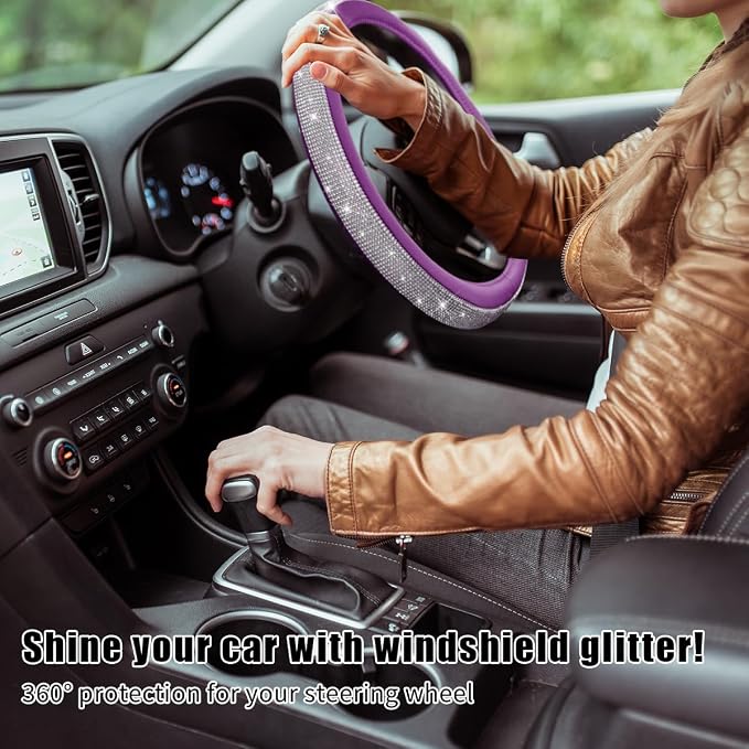 Steering Wheel Cover, Bling Crystal Rhinestones Auto Wheel Protector, Sparkly Cover Universal Fit Diverse 14.5-15 inch Steering Wheel, Interior Decor Car Accessories (White+Purple)