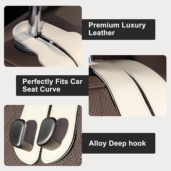 CoBak Purse Hook for Car - Universal Premium Stitched Leather and Aluminum-Magnesium Alloy Double Car Seat Back Storage Hook for Purses, Handbags, Bags (2 Pack),Beige