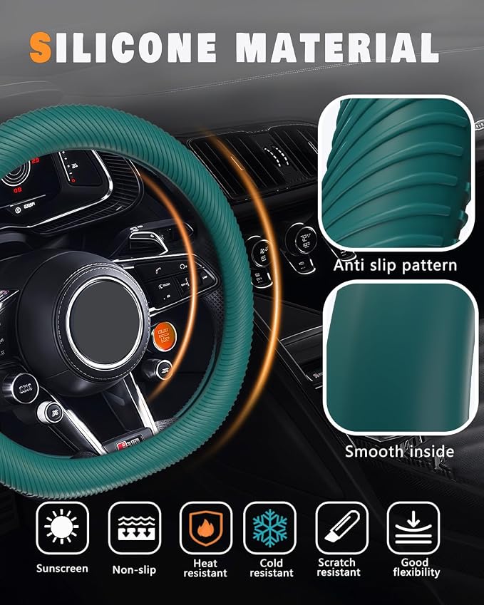 Car Steering Wheel Cover, Thin Anti-Skid Silicone Steering Wheel Cover for Men & Women, Universal Automotive Interior Accessories for Most Cars (Dark Green)