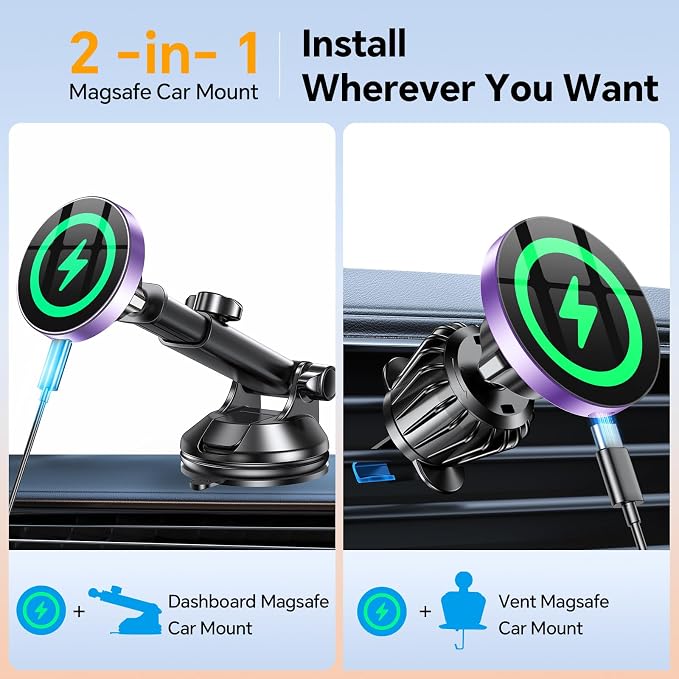 for MagSafe Car Mount Charger【Ultra Magnet】 Magnetic Phone Holders for Your Car Charger【Windshield+Vent+Dash】 Magnetic Wireless Car Phone Holder Charger Car Mount for iPhone 17 (Purple)
