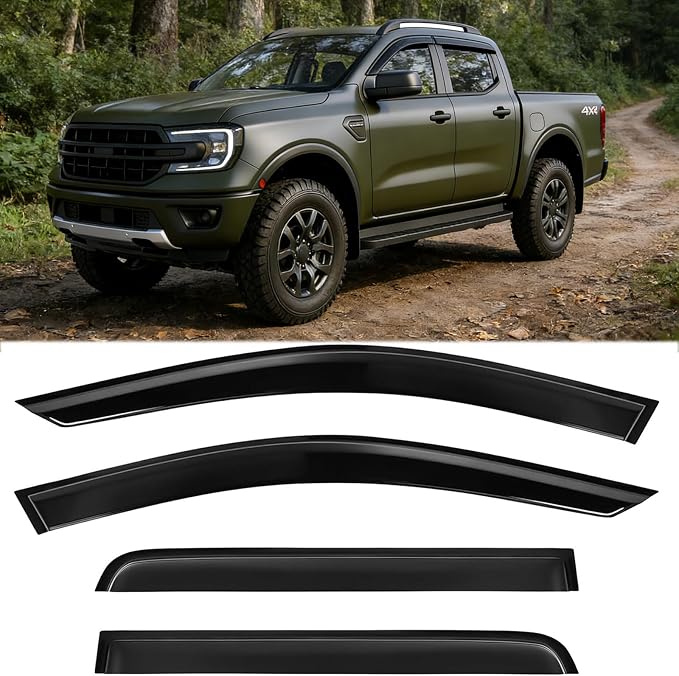4PCS Outside Mount Side Window Visors Compatible with Ford Ranger SuperCrew 2019-2023, Smoke Tint Tape On Rain Guards Vent Deflectors for Ford Ranger 19-23,no Drill, Easy Installation