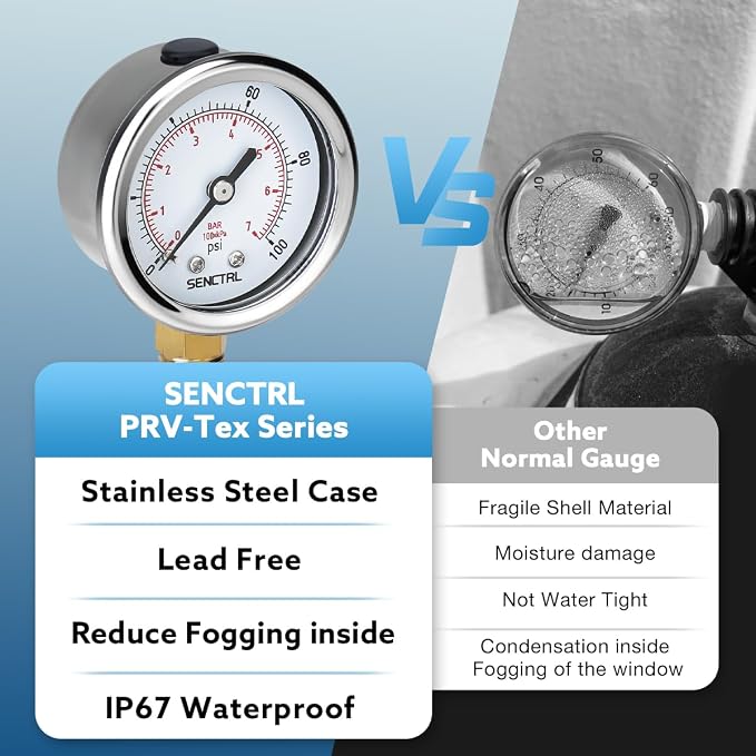 100 Psi Lead-Free Pressure Gauge, 2" Dial, 1/4 NPT Lower Mount, Waterproof, Stainless Steel Case, for Home Potable Water Tank, Well Pump, RV Regulator, Espresso, Pool Filter Test