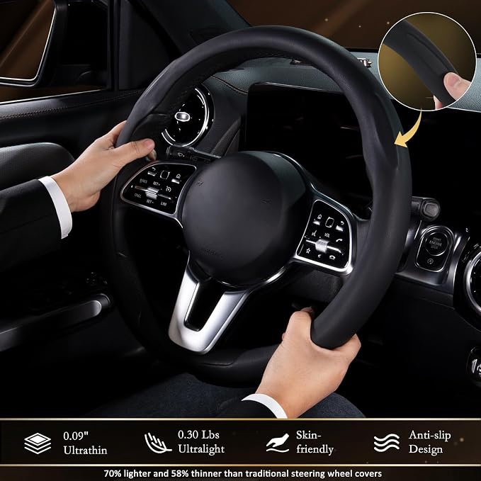 Car Steering Wheel Cover, Ultra-Thin Car Steering Wheel Cover,Comfortable & Breathable Microfiber,Universal Fit for Most Cars, Black