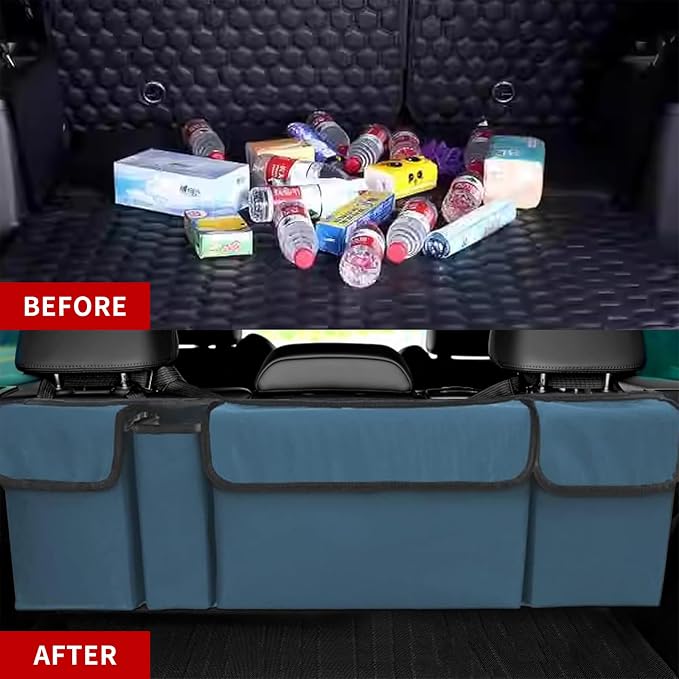 Car Trunk Organizer, Backseat Hanging Large Storage with Adjustable Straps,Waterproof PVC Collapsible Cargo Bag, Car Interior Accessories for Auto SUV MPV (Blue)