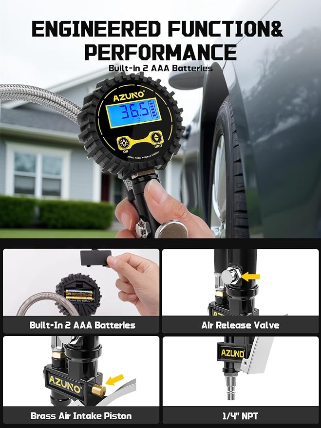Digital Tire Inflator with Pressure Gauge, 200 PSI Heavy Duty Air Compressor Accessories, with 14'' Steel-Braided Hose Lock on Air Chuck and Quick Connect Coupler
