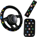 Embroidery Cute Steering Wheel Cover Floral Decor+Center Console Cover+Belt Cover,Anti-Slip,Sweat Absorption,3pcs