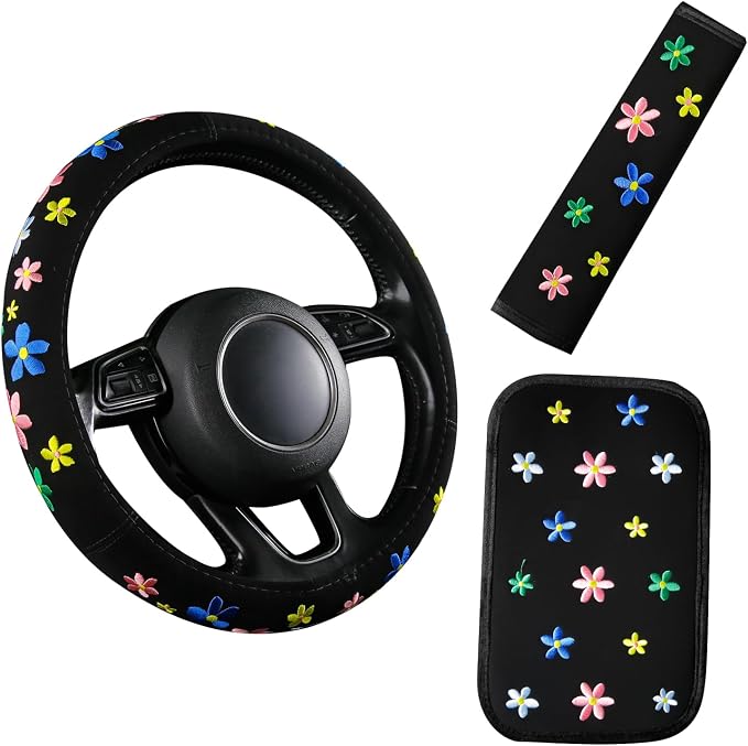 Embroidery Cute Steering Wheel Cover Floral Decor+Center Console Cover+Belt Cover,Anti-Slip,Sweat Absorption,3pcs