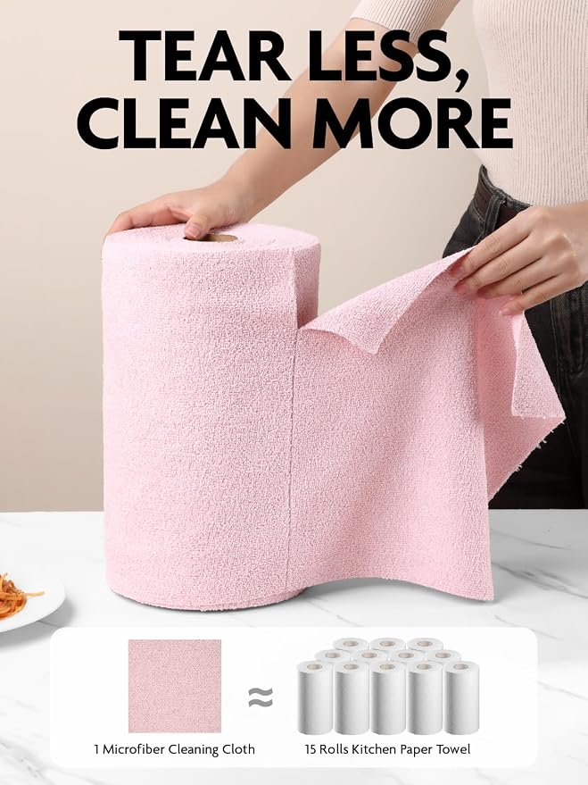 Microfiber Cleaning Cloth Rolls - 150 Sheets (Pink, Lavender) | 12'' by 12'', Super Absorbent, Lint-free, Tear-away Microfiber Towel Roll, for All-Purpose Cleaning