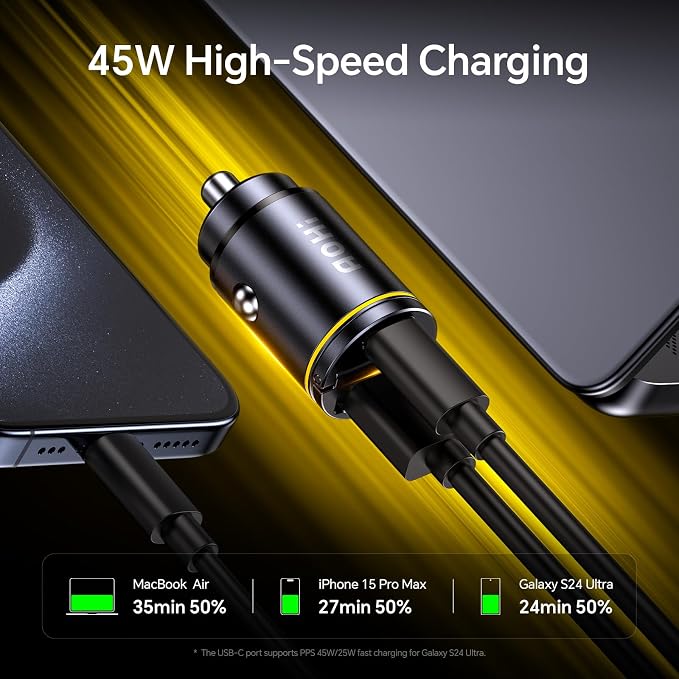 USB C Car Charger, PD 45W&QC 30W 2 Port Type-C Fast Charging Car Charger Lighter for MacBook Pro/Air, iPhone 17/16 /15Series, Galaxy S24 / S23, iPad Pro, AirPods and More