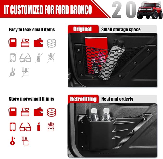 Front Door Storage Pockets for Ford Bronco Accessories 2026 2021-2025, Side Door Organizer Box fit Bronco 2/4-Door, Insert Cup Holder(2PCS)