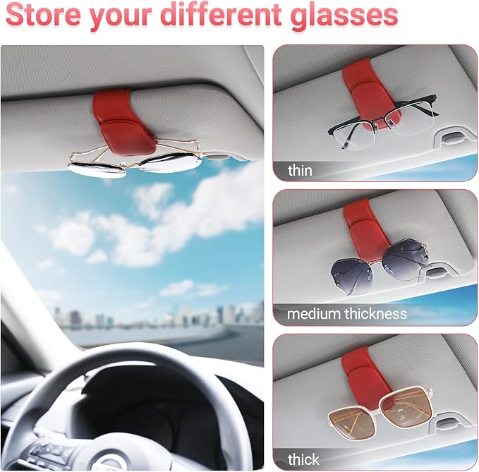 Sunglass Holder for Car Visor Sunglasses Clip Magnetic Leather Glasses Eyeglass Holder Truck Car Interior Accessories Universal for Woman Man -Red