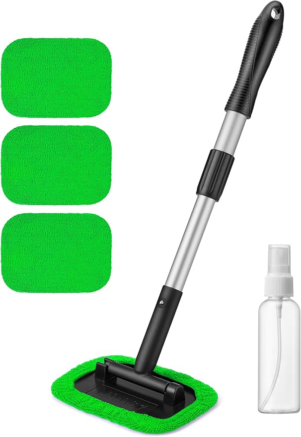Windshield Cleaner, Microfiber Window Cleaner with 4 Reusable Washable Large Sponge Pads, Extendable 180° Rotating Handle, Fits Cars & SUVs, Includes Spray Bottle, Green