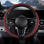 Car Steering Wheel Cover Leather Snap On 3Pcs Set Non-Slip Protector Wrap Steering Wheel Accessories 14.5-15 inch Universal Wine Red