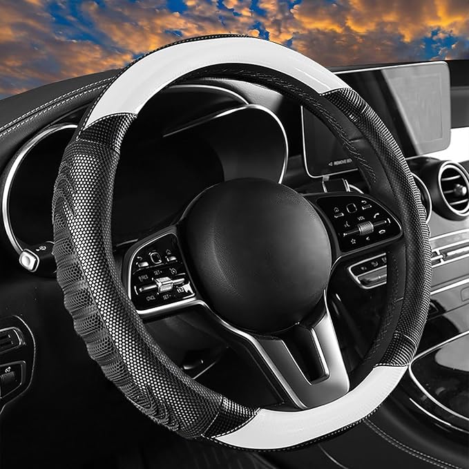 5D Honeycomb Knight White Car Steering Wheel Cover,14.5-15 Inch Universal Carbon Fibre Leather Covers Breathable Anti-Slip Odorless Steering Wheels Accessories for Men Women