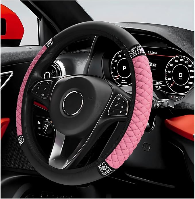 Bling Car Steering Wheel Cover, 15 Inch Sparkly Rhinestone Soft Leather Steering Wheel Protector, Non-Slip Universal Auto Elastic Steering Wheel Covers for Women Girls (Pink)