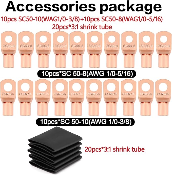 0 Gauge Wire 40FT (20Ft Black+20Ft Red) Copper Clad Aluminum(CCA),0 Gauge Battery Cable Wire,20pcs Lugs Terminal Connectors,20PCS Heat Shrink Tubing for Primary Wiring,Winch Wiring,Inverter Cables