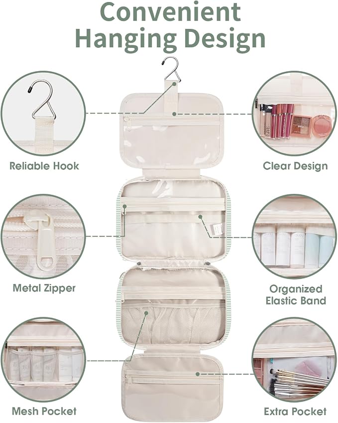 Striped Travel Toiletry Bag for Women Large Hanging Makeup Bag Organizer Toiletries Bag for Full Size Essentials Accessories Cosmetics (Mint Green Stripe (Large))