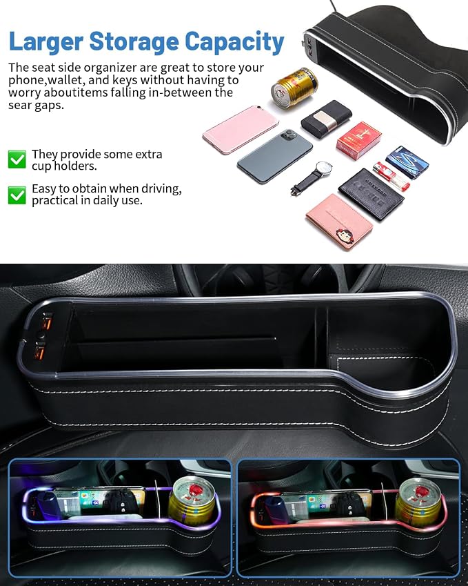 RGB Color Changing LED Car Seat Gap Filler Organizer Console Side Seat Gap Storage Box with Cup Holders and USB Chargers for Car Interior Accessories (2 Pack)