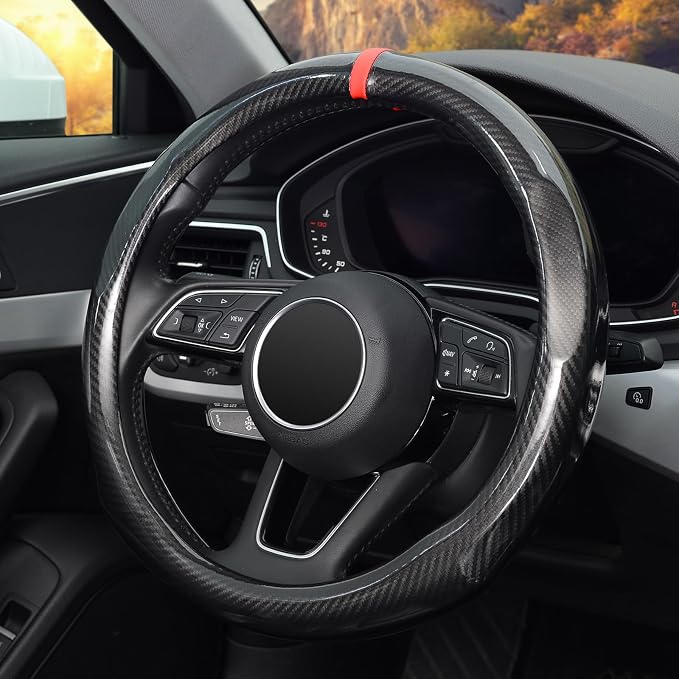 Carbon Fiber Car Steering Wheel Cover Small-Size 14"-14 1/4" Compatible with Prius Civic Model 3 Camaro Spark Rogue Mini Smart Audi