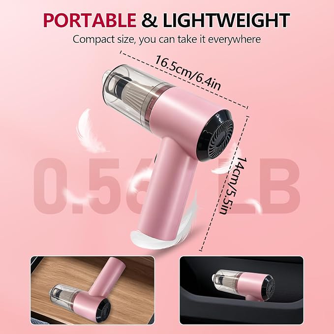 High Powerful Car Vacuum Cleaner - Powerful Suction Portable Handheld Vacuum with Washable Filter, Low Noise, 12V Auto Accessories Kit for Interior Detailing - Pink