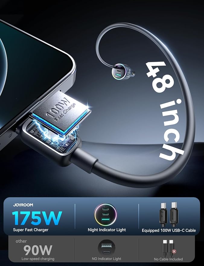 175W Super Fast Car Charger [GaN] 3-Port Car Charger USB C Fast Charge with USB-C Cable, Car Cigarette Lighter USB Charger for iPhone 17/16/15, Samsung S26/25, Pixel 10, MacBook, iPad and More