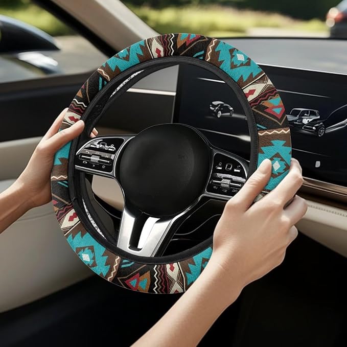 Southwest Aztec Teal Brown Car Steering Wheel Cover Soft Stretch Auto Steering Wrap Protector for Women Men, Universal Auto Accessories Fit Most Vehicles