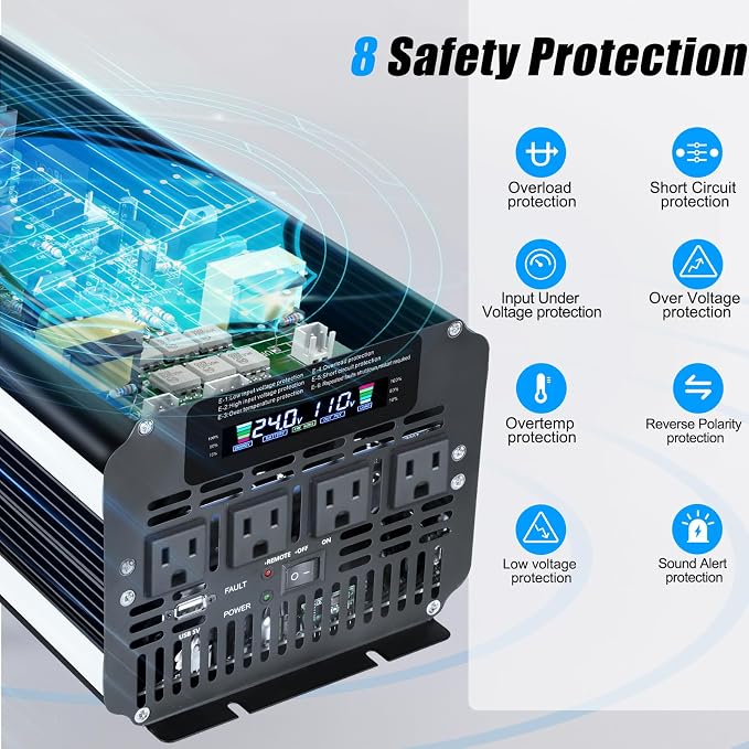 3000 Watt Power Inverter 24V to 110V 120V DC to AC with 4 AC Outlets, LCD Display, USB Port & Remote Control for Home, RV, Vehicle, Truck, Off-Grid Solar System, Heavy Duty Outdoor Camping