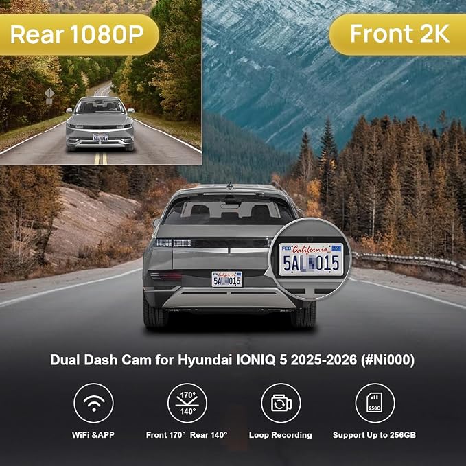 Front 2K+Rear 1080P Dash Cam Adapts for Hyundai Ioniq 5 2025-2026 (7 Vents/HD2-Ni000) & 2025 Ioniq 5 N, OEM Style, Dual HD Video, WiFi & APP, Loop Recording, G-Sensor, Easy to Use, 64GBCard