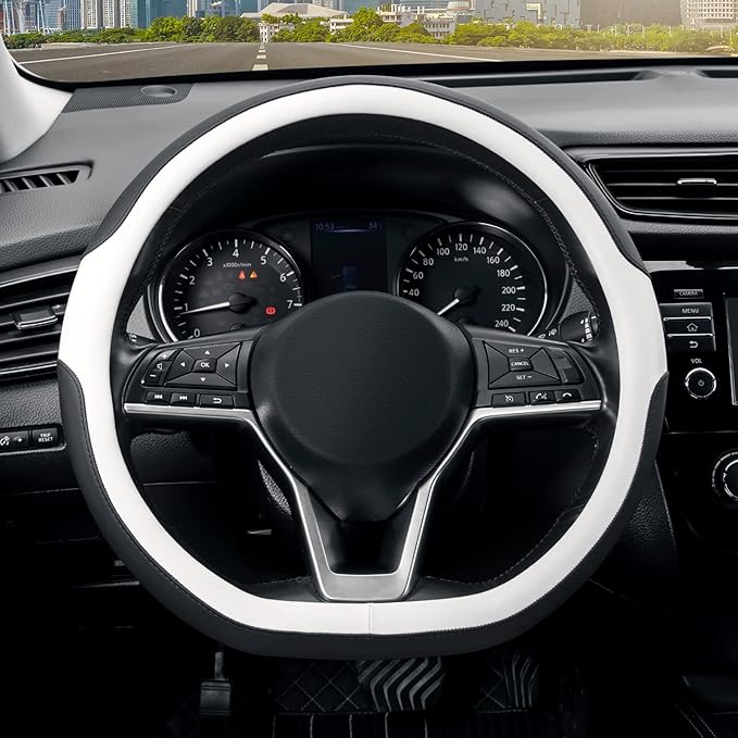 Flat Bottom Steering Wheel Cover, D Shaped Car Wheel Cover 14 1/2-15 in. (37-39 cm), Black White Microfiber Leather