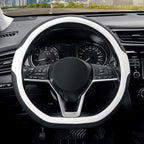 Flat Bottom Steering Wheel Cover, D Shaped Car Wheel Cover 14 1/2-15 in. (37-39 cm), Black White Microfiber Leather